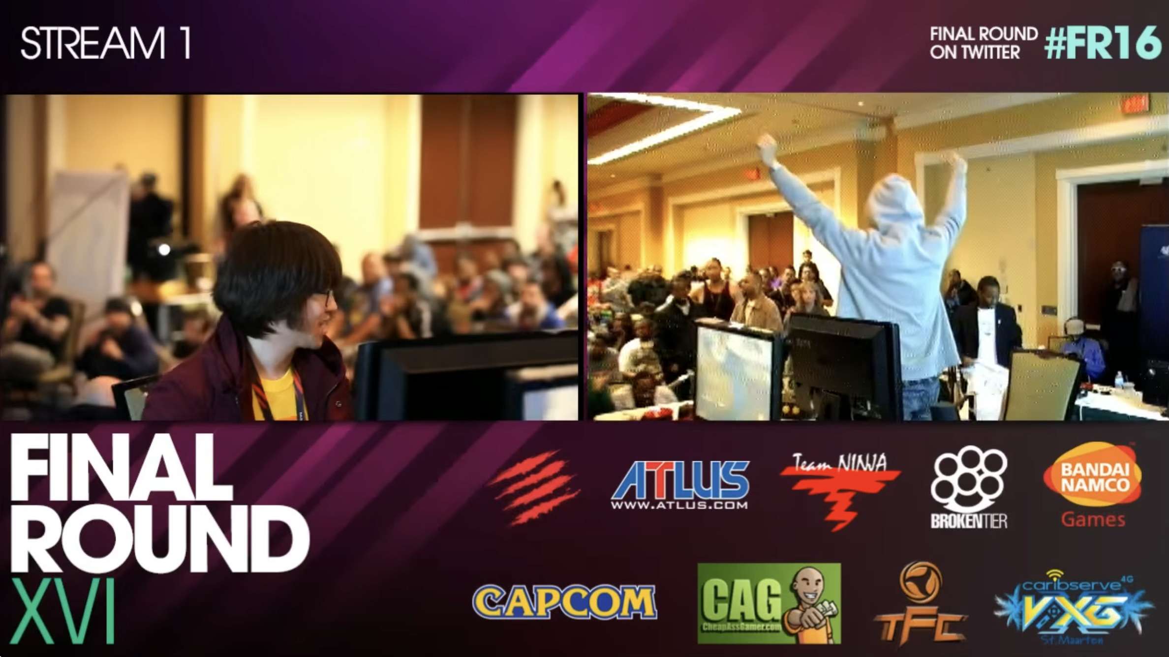 JDCR (à gauche) célébrant sa victoire, Knee (à droite) sur scène, Final Round 2013