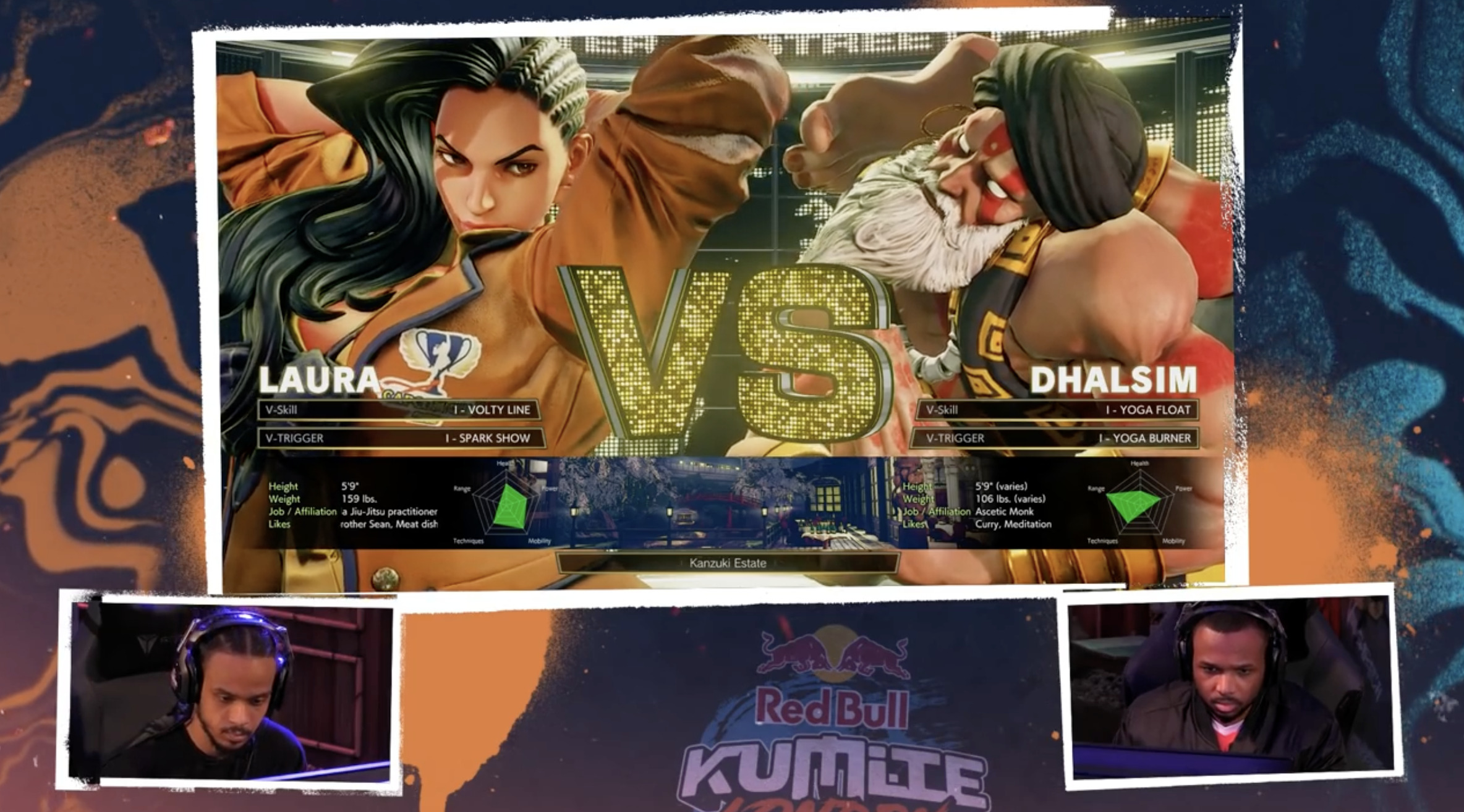 Écran de sélection Laura vs Dhalsim, Mister Crimson vs iDom, Red Bull Kumite London 2021