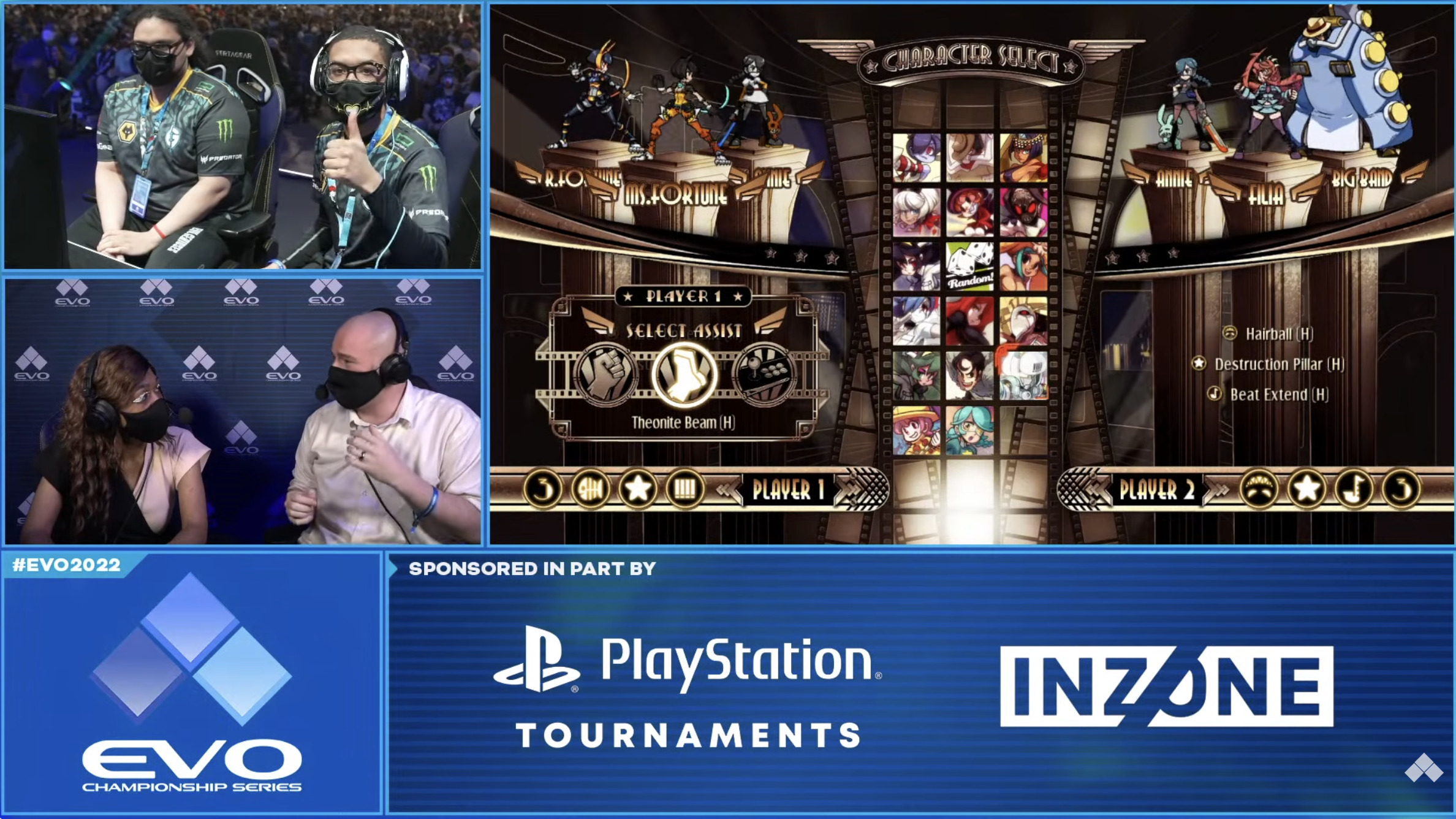 Écran de sélection des personnages, SonicFox vs PenPen, EVO 2022 Skullgirls
